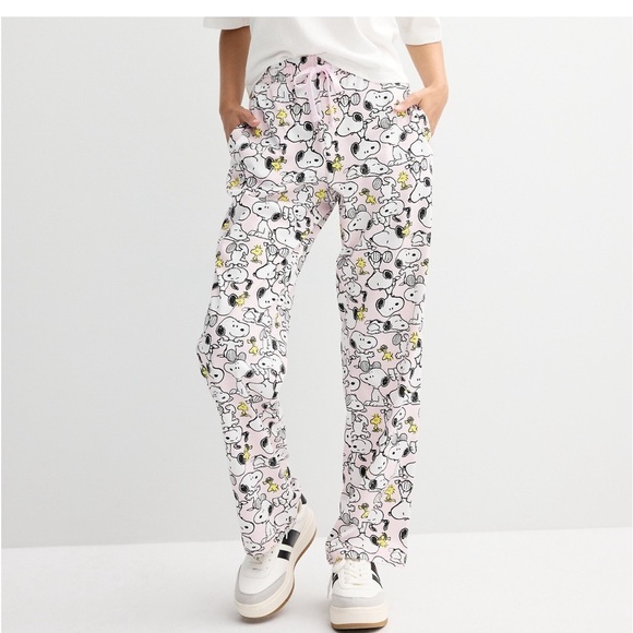 🆕 Peanuts Snoopy Pajama Pants Woodstock Drawstring Front Pockets Pink XL Juniors - Picture 4 of 7
